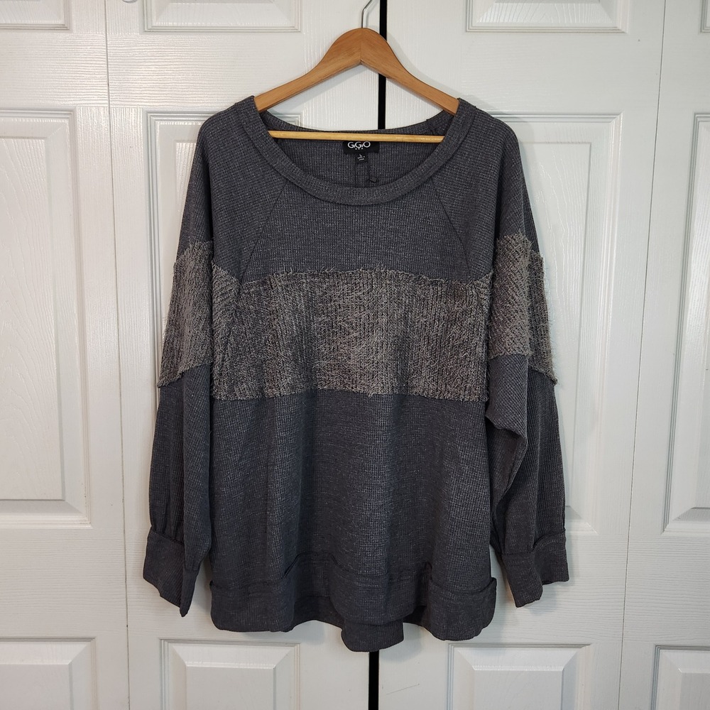 GIGIO USA Charcoal Gray Waffle‎ Knit Thermal Pullover Fuzzy Mixed Media Large